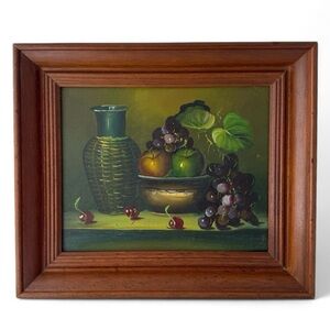 Vintage Original Still Life Bowl of Fruit Vase on Table Oil Painting Framed
